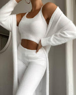 3pc Womens Solid Fluffy Plain Crop Top, pants and sweater set