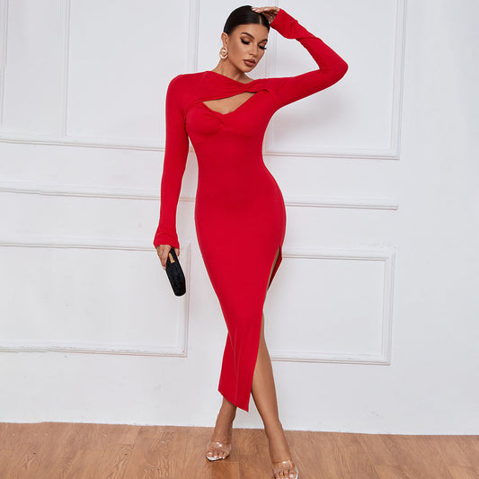 Sexy Red Bodycon Long Sleeve Split Dress