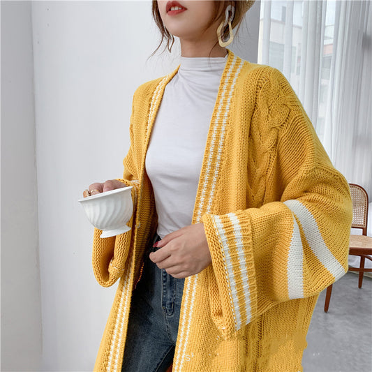 Lazy Wind Over The Knee Long Thick Line Loose Large Sweater Coat